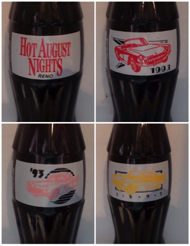 € 45,00 coca cola set  van 4 flessen 8oz Hot august night nrs 1993/ 1417, 1745, 1746, 1747